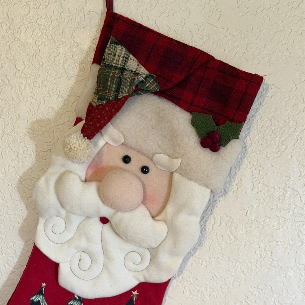 Dan Dee Christmas Stocking Santa Claus 3D Red Plaid Cuff Holiday‎ Decor Vintage